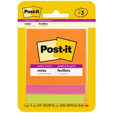 Post-it&reg; Super Sticky Note Pads - Energy Boost Color Collection 135 - 3" Flag/Note Width x 3" Flag/Note Length - Square - 45 Sheets per Pad - Unruled - Vital Orange, Tropical Pink, Limeade - Paper - Self-adhesive - 3 / Pack