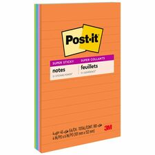 Post-it&reg; Super Sticky Notes - Energy Boost Color Collection 180 - 4" Flag/Note Width x 6" Flag/Note Length - Rectangle - 45 Sheets per Pad - Ruled - Vital Orange, Tropical Pink, Blue Paradise, Limeade - Paper - Self-adhesive, Repositionable - 4 / Pack