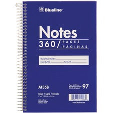 Blueline White Paper Wirebound Steno Pad 360 Sheets - Spiral - Front Ruling Surface - 9" x 6" Sheet Size - White Paper - Blue Cardboard Cover - Flexible Cover - 1 Each