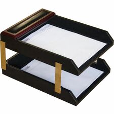 Dacasso Rosewood & Leather Double Letter Trays 7.25" Height x 10.50" Width x 13.75" Depth - Desktop - Black - Wood, Leather - 1 Each