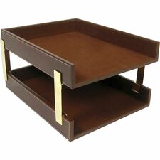 Dacasso Front Load Letter Tray With Gold Posts 7.75" Height x 10.60" Width x 15.25" Length - Desktop - Brown - Leather - 1 Each