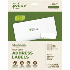 Avery&reg; Eco-Friendly Address Labels for Laser and Inkjet Printers, 1" x 2?" 1" Width x 2 5/8" Length - Permanent Adhesive - Rectangle - Inkjet, Laser - Matte White - Matte - Paper - Recyclable, PVC-free, Permanent Adhesive, Customizable, Chlorine-free,