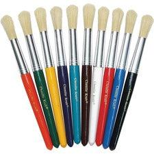 Creativity Street Round Natural Bristle Brushes 7.50" Plastic Handle - Aluminum Ferrule - 10 / Set