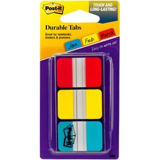 Post-it&reg; Durable Tabs 36 Write-on Tab(s) - 1.50" Tab Height x 1" Tab Width - Red, Yellow, Blue Tab(s) - Wear Resistant, Tear Resistant, Repositionable - 36 / Pack