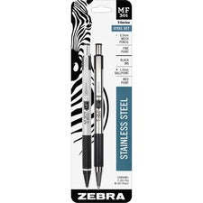 Zebra STEEL 3 Series M/F 301 Mechanical Pencil & Ballpoint Pen Set Fine Pen Point - 0.7 mm Pen Point Size - 0.5 mm Lead Size - Refillable - Black Ink - Stainless Steel Barrel - Retractable - Non-slip, Pocket Clip, Eraser - 1 Pack