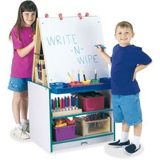 Jonti-Craft Rainbow Accents 2 Station Art Center Freckled Gray, Teal Stand - Floor Standing - Storage Shelf, Chip Resistant, Wheels, Durable, Easy to Clean, Removable Easel, Storage Shelf - Assembly Required - 1 Each