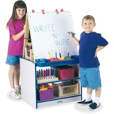 Jonti-Craft Rainbow Accents 2 Station Art Center Freckled Gray, Blue Stand - Floor Standing - Storage Shelf, Chip Resistant, Wheels, Durable, Easy to Clean, Removable Easel, Storage Shelf - Assembly Required - 1 Each