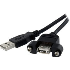StarTech.com 1 ft Panel Mount USB Cable A to A - F/M 1 ft USB Data Transfer Cable for PC - First End: 1 x USB 2.0 Type A - Male - Second End: 1 x USB 2.0 Type A - Female - Extension Cable - 24/28 AWG - Black - 1 Each