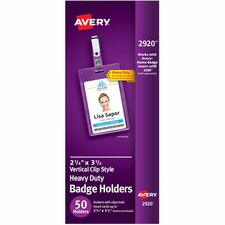 Avery&reg; Heavy-Duty Badge Holders with Clips Support 2.25" x 3.50" Media - Portrait - 2.3" Width x 3.3" Length - Polyvinyl Chloride (PVC) - Clear - Reusable, Durable, Top Loading, Secure, Clip-on, Heavy Duty - 50 / Box