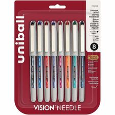 uniball&#8482; Vision Needle Rollerball Pens 0.7 mm Fine Needle Pen Point - Blue, Black, Green, Orange, Pink, Purple, Red Ink - Liquid - Silver Barrel - 8 / Pack