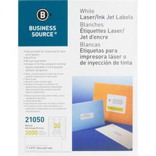 Business Source Bright White Premium-quality Address Labels 1" Width x 2 5/8" Length - Permanent Adhesive - Rectangle - Laser, Inkjet - White - Jam-free - 30 / Sheet - 100 Total Sheets - 3000 / Pack