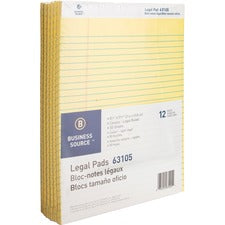 Business Source Micro-Perforated Legal Ruled Pads 50 Sheets - 0.34" Ruled - 16 lb Basis Weight - 8 1/2" x 11 3/4" Sheet Size - Canary Paper - Micro Perforated, Easy Tear, Sturdy Back - 1 Dozen