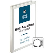 Business Source Round-ring View Binder 1/2" Binder Capacity - Letter - 8 1/2" x 11" Sheet Size - 125 Sheet Capacity - Fastener(s): Round Ring - Pocket(s): 2, Internal - Polypropylene - White - Wrinkle-free, Gap-free Ring, Clear Overlay, Non Locking Mechan