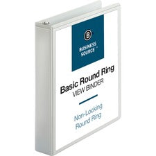 Business Source Round-ring View Binder 1 1/2" Binder Capacity - Letter - 8 1/2" x 11" Sheet Size - 350 Sheet Capacity - Fastener(s): Round Ring - Pocket(s): 2, Internal - Polypropylene, Chipboard - White - Wrinkle-free, Gap-free Ring, Clear Overlay, Non L