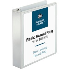 Business Source Round-ring View Binder 2" Binder Capacity - Letter - 8 1/2" x 11" Sheet Size - 475 Sheet Capacity - Fastener(s): Round Ring - Pocket(s): 2, Internal - Polypropylene, Chipboard - White - Wrinkle-free, Gap-free Ring, Clear Overlay, Non Locki