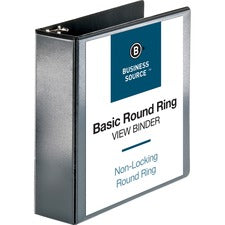 Business Source Round-ring View Binder 3" Binder Capacity - Letter - 8 1/2" x 11" Sheet Size - 625 Sheet Capacity - Fastener(s): Round Ring - Pocket(s): 2, Internal - Polypropylene - Black - Wrinkle-free, Gap-free Ring, Clear Overlay, Non Locking Mechanis