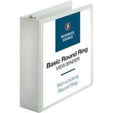 Business Source Round-ring View Binder 3" Binder Capacity - Letter - 8 1/2" x 11" Sheet Size - 625 Sheet Capacity - Fastener(s): Round Ring - Pocket(s): 2, Internal - Polypropylene - White - Wrinkle-free, Gap-free Ring, Clear Overlay, Non Locking Mechanis