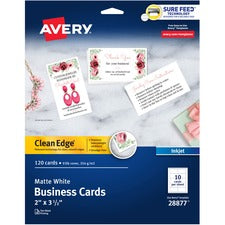 Avery&reg; Clean Edge Business Cards, 2" x 3.5" , White, 120 (28877) 110 Brightness - A8 - 2" x 3 1/2" - 93 lb Basis Weight - 254 g/m&#178; Grammage - Matte - Rounded Corner, Smooth Edge, Unperforated, Avery Clean Edge Technology, Printable, Double-sided