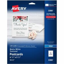 Avery&reg; Matte Textured Postcards 90 Brightness - 4 1/4" x 5 1/2" - 65 lb Basis Weight - 176 g/m&#178; Grammage - Textured Matte - Rounded Corner, Micro Perforated, Smudge-free, Jam-free, Perforated, Recyclable, Biodegradable, Printable, Double-sided -