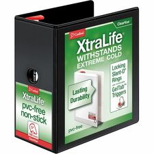 Cardinal&reg; Xtralife ClearVue Locking Slant-D Binder 5" Binder Capacity - Letter - 8 1/2" x 11" Sheet Size - 1100 Sheet Capacity - 4 3/8" Spine Width - 3 Ring(s) - Fastener(s): D-Ring - Pocket(s): 2, Inside Front & Back - Polyolefin - Black - 2.25 lb -