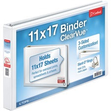 Cardinal&reg; ClearVue Overlay Tabloid D-Ring Binder 1" Binder Capacity - Tabloid - 11" x 17" Sheet Size - 240 Sheet Capacity - 1" Spine Width - 3 Ring(s) - Fastener(s): D-Ring - Vinyl - White - 2.34 lb - Recycled - Hinged, Clear Overlay, Non Locking Mech