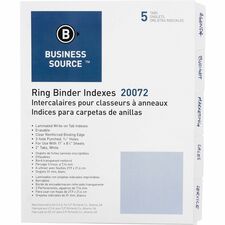 Business Source 3-Ring 5-Tab Erasable Tab Indexes 5 Write-on Tab(s) - 2" Tab Width - 8.5" Divider Width x 11" Divider Length - Letter - 3 Hole Punched - White Divider - Mylar Tab(s) - 100% Recycled - Erasable, Reinforced Edges, Punched, Laminated Tab - 5
