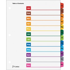 Cardinal&reg; OneStep Monthly Index System 12 x Divider(s) - Printed Tab(s) - Month - Jan-Dec - 12 Tab(s)/Set - 9" Divider Width x 11" Divider Length - Letter - 8.50" Width x 11" Length - 3 Hole Punched - White Divider - Multicolor Tab(s) - Reinforced Tab