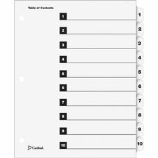 Cardinal&reg; OneStep Numbered Index System 10 x Divider(s) - Printed Tab(s) - Digit - 1-10 - 10 Tab(s)/Set - 9" Divider Width x 11" Divider Length - Letter - 8.50" Width x 11" Length - 3 Hole Punched - White Divider - White Tab(s) - Reinforced Tab, Reinf