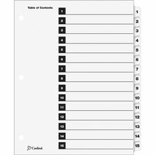 Cardinal&reg; OneStep Numbered Index System 15 x Divider(s) - Printed Tab(s) - Digit - 1-15 - 15 Tab(s)/Set - 9" Divider Width x 11" Divider Length - Letter - 8.50" Width x 11" Length - 3 Hole Punched - White Divider - White Tab(s) - Reinforced Tab, Reinf