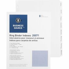 Business Source 3-Ring Plain Tab Indexes 8 Write-on Tab(s) - 8 Tab(s)/Set - 1.25" Tab Width - 8.5" Divider Width x 11" Divider Length - Letter - 3 Hole Punched - White Divider - 100% Recycled - Punched, Mylar Reinforced Edge - 100 / Box
