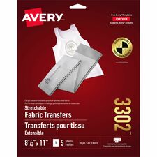Avery&reg; Stretchable T-Shirt Transfers Letter - 8 1/2" x 11" - Matte - Crack Resistant, Fade Resistant, Washable - Clear - 5/Pack - 6 / Carton