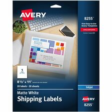 Avery&reg; White Shipping Labels, 8-1/2" x 11" , 20 Labels (8255) 8 1/2" Width x 11" Length - Permanent Adhesive - Inkjet - Matte - White - Paper - Permanent Adhesive, Customizable - 1 / Sheet - 20 Total Sheets - 20 Total Label(s) - 20 / Pack