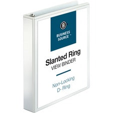 Business Source Basic D-Ring View Binder 1 1/2" Binder Capacity - Letter - 8 1/2" x 11" Sheet Size - 375 Sheet Capacity - 3 Ring(s) - Fastener(s): D-Ring - Pocket(s): Internal - Polypropylene, Chipboard - White - 1.12 lb - Clear Overlay, Spine Label, Non-