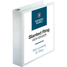 Business Source Basic D-Ring White View Binders 2" Binder Capacity - Letter - 8 1/2" x 11" Sheet Size - Fastener(s): D-Ring - Polypropylene - White - 1.50 lb - Clear Overlay - 1 Each