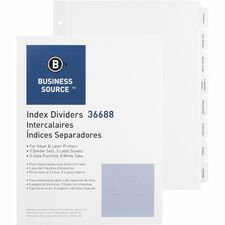 Business Source Punched Tabbed Laser Index Dividers 8 Blank Tab(s) - 8 Tab(s)/Set - 8.5" Divider Width x 11" Divider Length - Letter - 3 Hole Punched - White Paper Divider - White Tab(s) - 100% Recycled - Mylar Reinforcement, Reinforced, Punched - 5 / Pac
