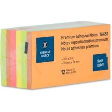 Business Source Repositionable Neon Notes 3" Flag/Note Width x 3" Flag/Note Length - Square - Neon - Removable, Repositionable, Solvent-free Adhesive - 12 / Pack