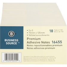 Business Source Repositionable Notes 3" Flag/Note Width x 5" Flag/Note Length - Rectangle - Yellow - Repositionable, Solvent-free Adhesive - 18 / Pack