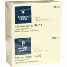 Business Source Yellow Repositionable Adhesive Notes 3" Flag/Note Width x 5" Flag/Note Length - Rectangle - Yellow - Repositionable, Solvent-free Adhesive - 12 / Pack