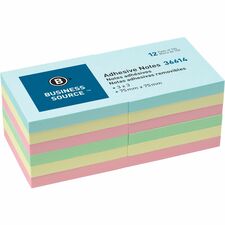 Business Source 3" Plain Pastel Colors Adhesive Notes 100 - 3" Flag/Note Width x 3" Flag/Note Length - Square - Assorted - Repositionable, Solvent-free Adhesive - 12 / Pack