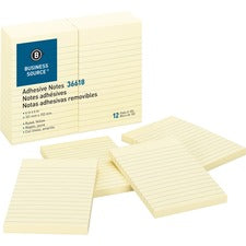 Business Source Ruled Adhesive Notes 4" Flag/Note Width x 6" Flag/Note Length - Rectangle - Ruled - Yellow - Solvent-free Adhesive, Self-adhesive - 12 / Pack