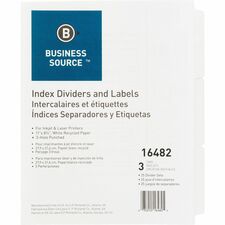 Business Source 3-Hole Punched Laser Index Tabs 3 Tab(s) - 3 Tab(s)/Set - 8.5" Divider Width x 11" Divider Length - Letter - 3 Hole Punched - White Tab(s) - 100% Recycled - Punched, Mylar Reinforcement - 25 / Box
