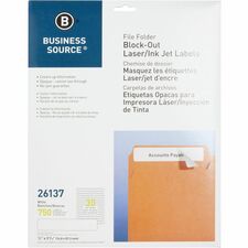Business Source Block-out File Folder Labels 3 7/16" Length - Permanent Adhesive - Laser, Inkjet - White - Lignin-free - 30 / Sheet - 750 / Pack