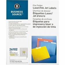 Business Source Laser/Inkjet File Folder Labels 21/32" Width x 3 7/16" Length - Permanent Adhesive - Rectangle - Laser, Inkjet - White - Paper - Jam-free, Lignin-free, Self-adhesive - 30 / Sheet - 1500 / Pack