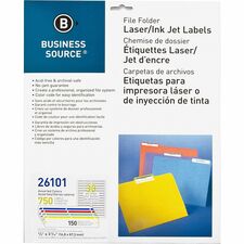 Business Source Laser/Inkjet File Folder Labels 21/32" Width x 3 7/16" Length - Permanent Adhesive - Rectangle - Laser, Inkjet - Assorted - Jam-free, Lignin-free, Self-adhesive - 30 / Sheet - 750 / Pack