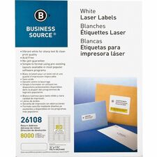 Business Source Address Laser Labels 1/2" Width x 1 3/4" Length - Permanent Adhesive - Rectangle - Laser - White - Lignin-free, Jam-free - 80 / Sheet - 100 Total Sheets - 8000 / Pack