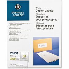 Business Source Bright White Copier Labels 1" Width x 2 3/4" Length - Rectangle - White - Lignin-free, Jam-free - 33 / Sheet - 3300 / Pack