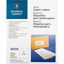 Business Source 8-1/2"x11" Copier Labels 8 1/2" Width x 11" Length - Rectangle - White - Lignin-free, Jam-free - 1 / Sheet - 100 / Pack