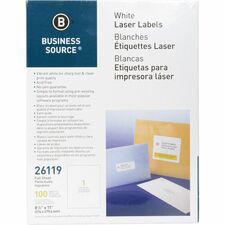 Business Source Address Labels 8 1/2" Width x 11" Length - Permanent Adhesive - Rectangle - Laser, Inkjet - White - Lignin-free, Jam-free - 1 / Sheet - 100 Total Sheets - 100 / Pack