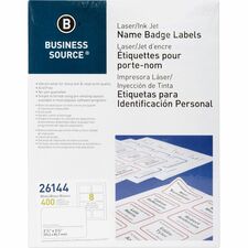 Business Source Laser/Inkjet Name Badge Labels 2 1/3" Width x 3 3/8" Length - Rectangle - Laser, Inkjet - White - Self-adhesive, Jam-free - 8 / Sheet - 400 / Pack