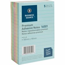 Business Source Ruled Adhesive Notes 4" Flag/Note Width x 6" Flag/Note Length - Square - Ruled - Pastel - Self-adhesive, Solvent-free Adhesive - 5 / Pack